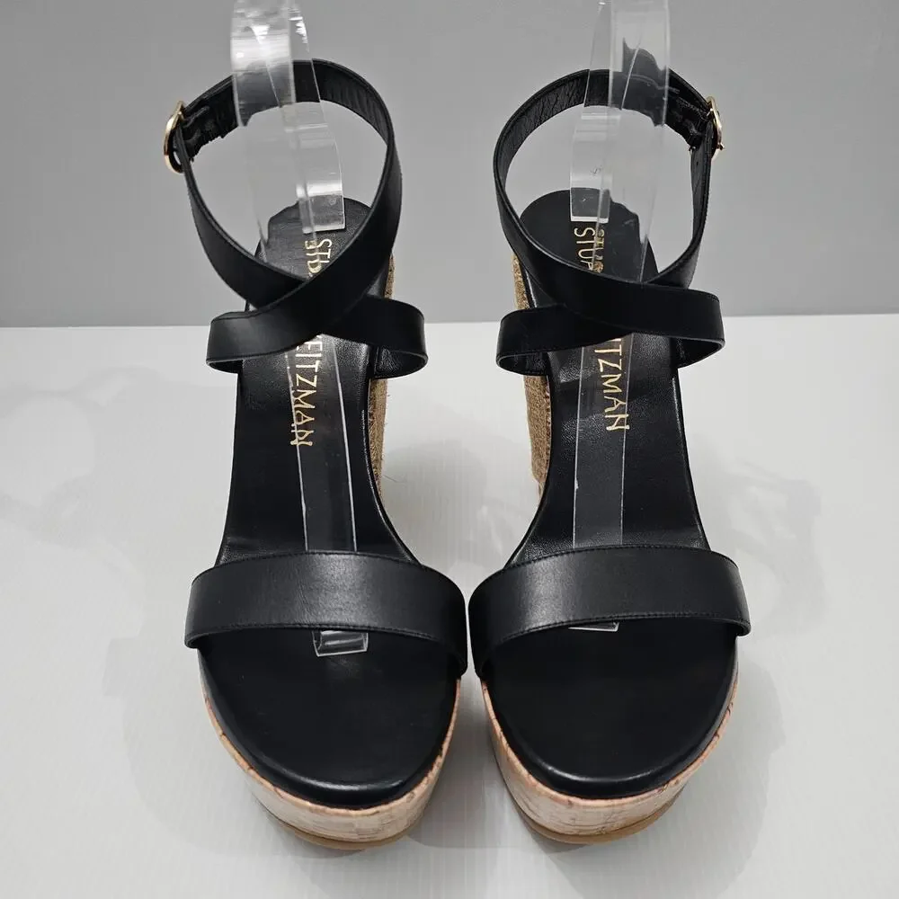 Stuart Weitzman 5050 Espadrille Wedge Platform Sandal 11 Black Leather Cork - Picture 4 of 14